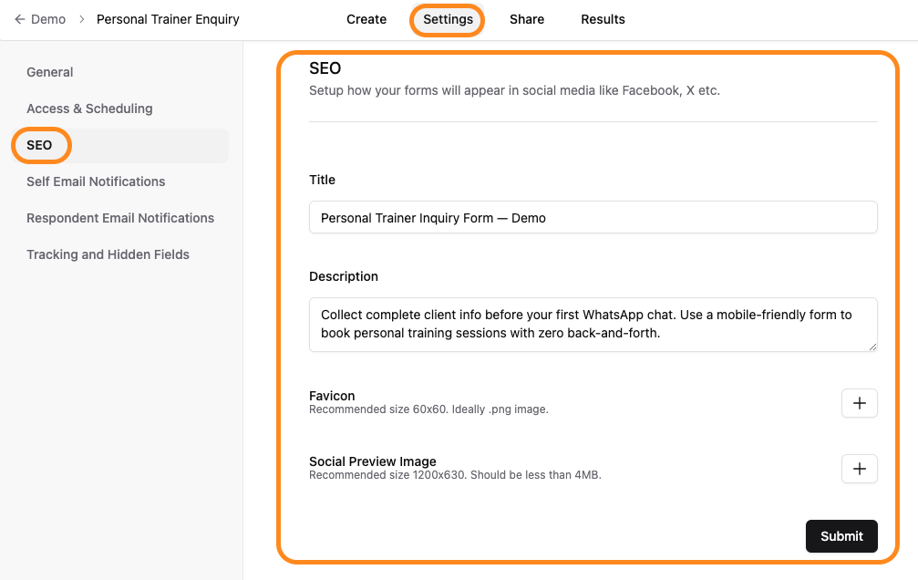 SEO settings